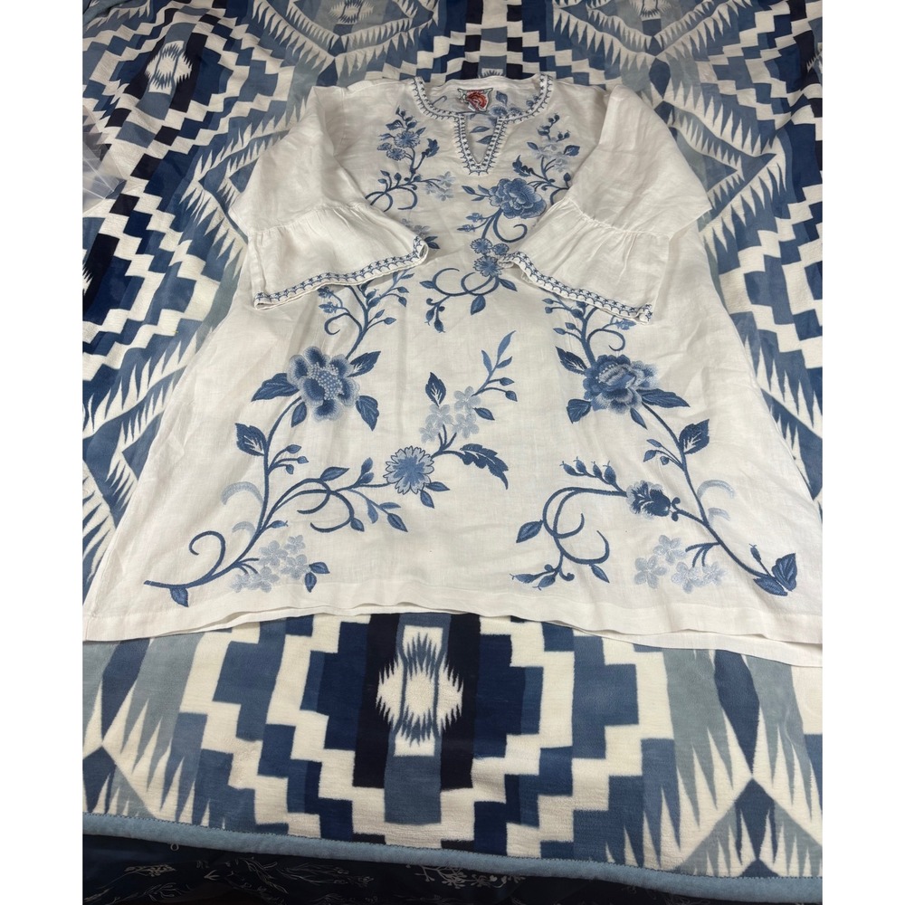Johnny Was White Linen Floral Embroidered Tunic Top Blue Boho XXL